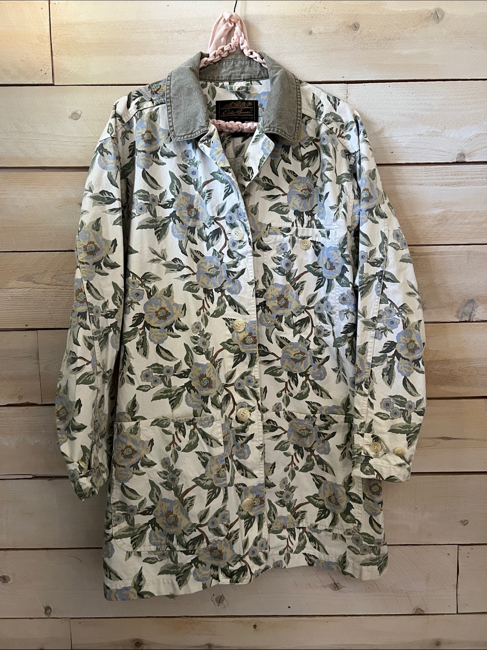 Vintage 90s Eddie Bauer Tan Blue Floral Chore Barn Field Coat Jacket Large